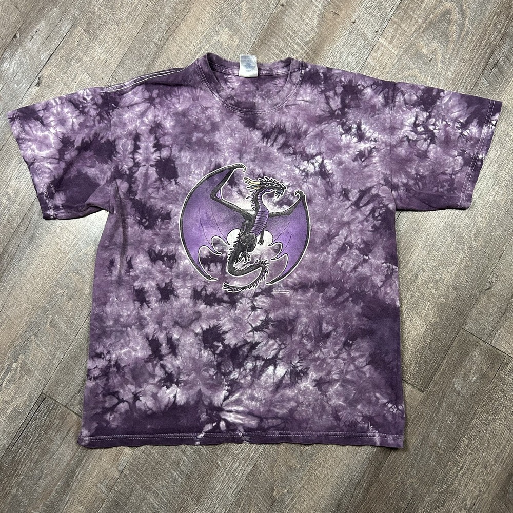 Vtg Y2K Dragon T Shirt Medium 2007 Tie Dye Ray VanTilburg Fantasy Dragon Graphic